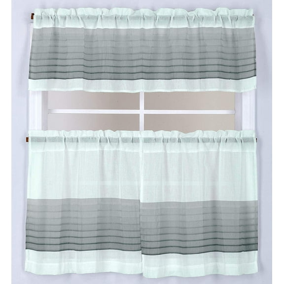 3pc Semi Sheer with Embroidery Kitchen/Cafe Curtain Tier and Valance Set, Gray