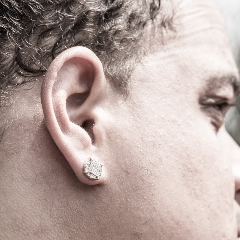 Men's Round Micro Pave Set White Gold Plated Sterling Silver Stud Screw Back Earrings