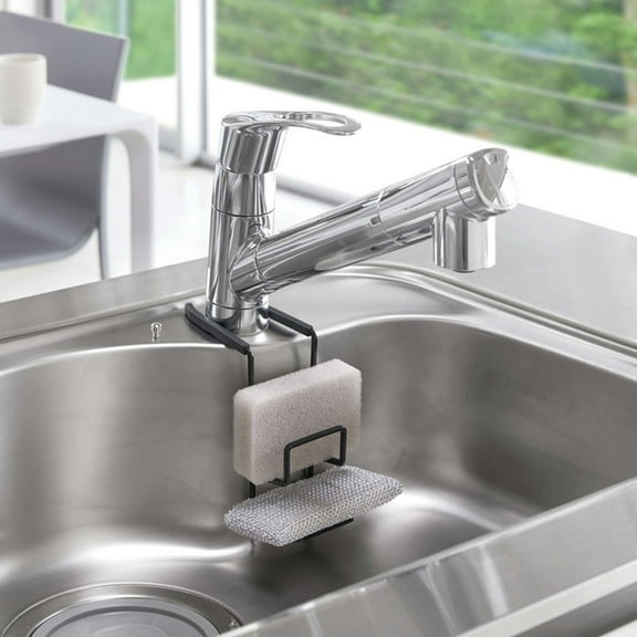 Rustproof Metal Sponge Organizer-Hanging Faucet Mount Sink Caddy-Iron Kitchen Storage Rack for Sponges,Brushes,Towels-Black White-15.5x6x16cm--