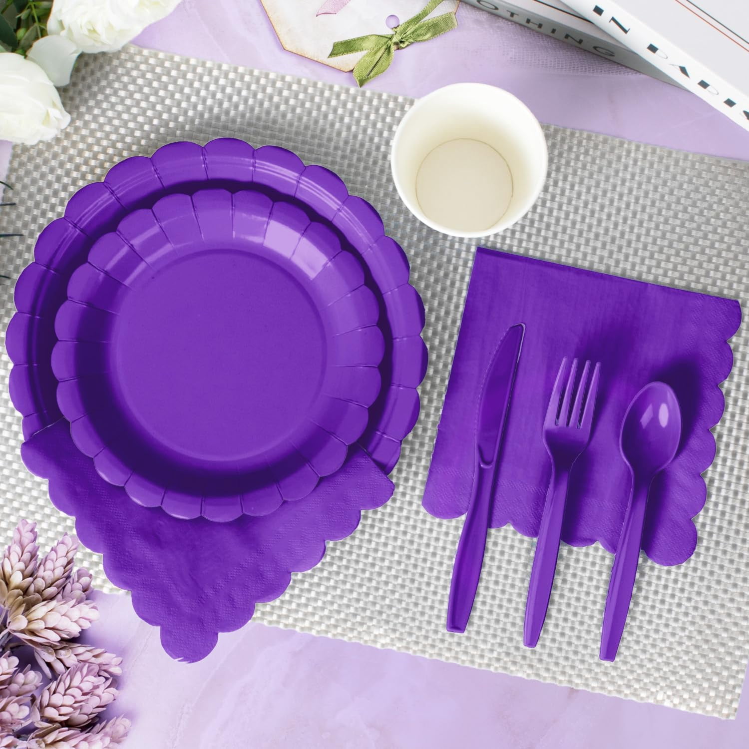 175 Pcs Deep Purple Disposable Paper Plates and Napkins Set for 25, 9" Dinner Plates & 7" Dessert Plates, Tableware for Birthday, Graduation, Party