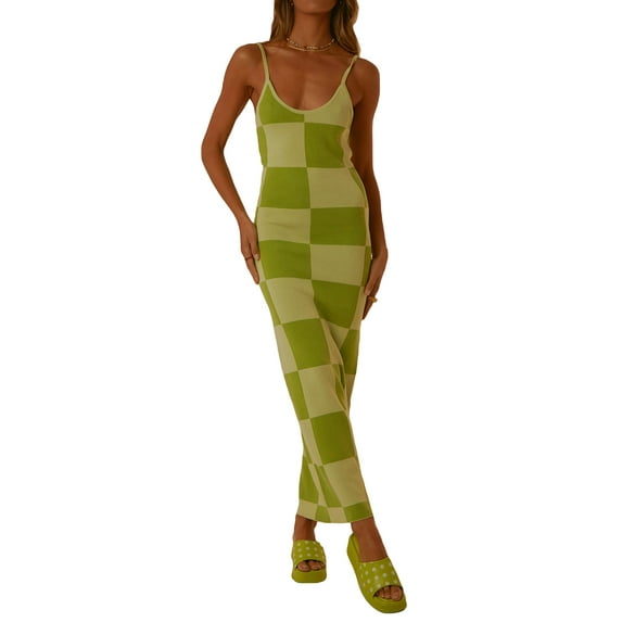 Gureui Female Summer Slip Dress, Casual Checkerboard Print Sleeveless Spaghetti Strap Low-Cut Backless Slim Fit One-Piece Party Beach Dresses