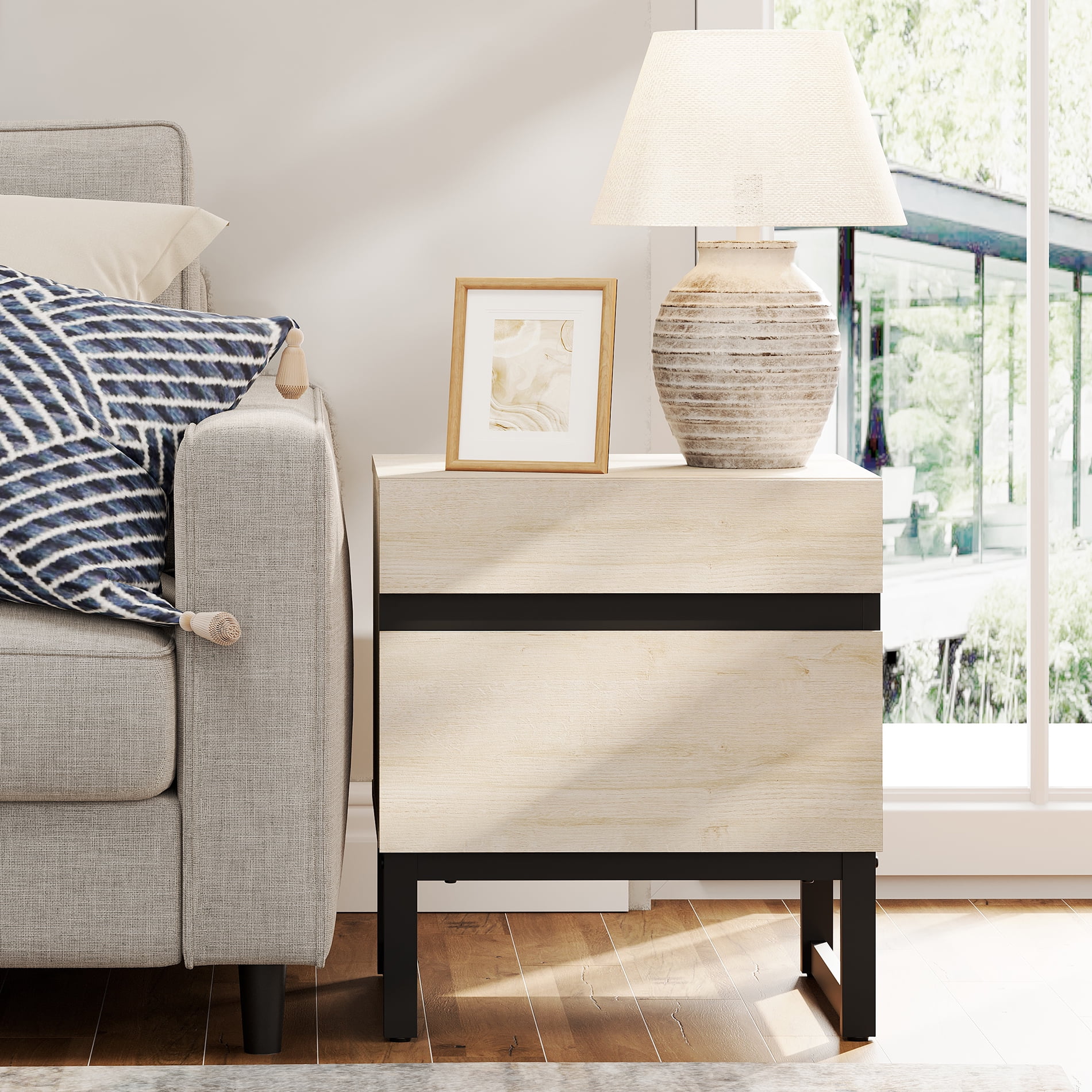 WAMPAT Modern End Table With 2 Drawers - Compact Sofa Side Table & Nightstand For Living Room & Bedroom