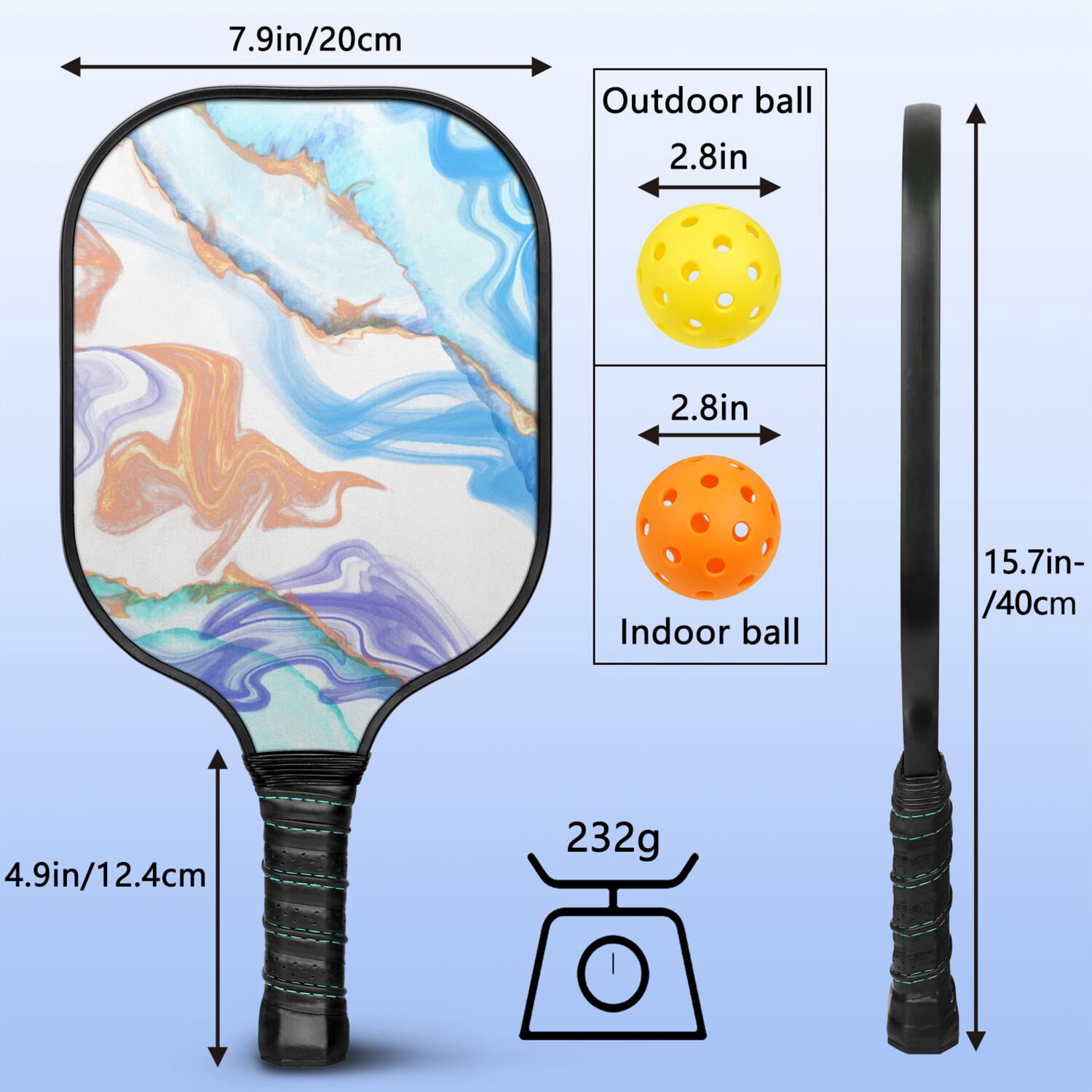 Pickleball Paddles Set Of 2, Fiberglass Surface, Turquoise Marble Pattern, 4 Balls & Bag
