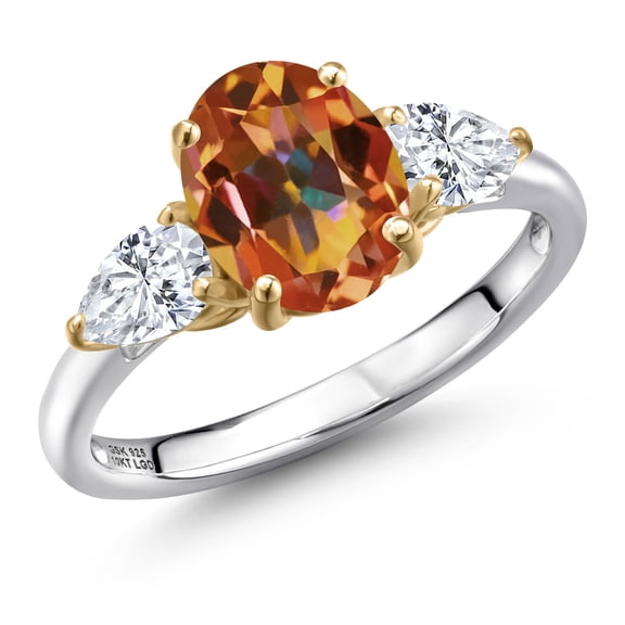 Gem Stone King 925 Silver and 10K Yellow Gold Ecstasy Mystic Topaz and White Zirconia Engagement Ring for Women | 2.78 Cttw | Oval 9X7MM | Gemstone November Birthstone | Size 6