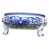 9.5" Diameter Oriental Lotus & Vine Design Blue & White Bamboo Succulent Catus Planter Popourri Holder Bowl with Decorative Feet