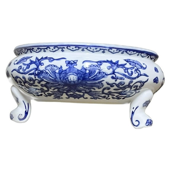 9.5" Diameter Oriental Lotus & Vine Design Blue & White Bamboo Succulent Catus Planter Popourri Holder Bowl with Decorative Feet