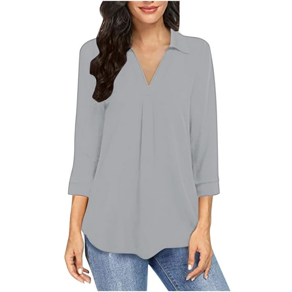 Women's Chiffon 3/4 Cuffed Sleeve Blouse Work Chiffon Casual V Neck Tops Shirt Office