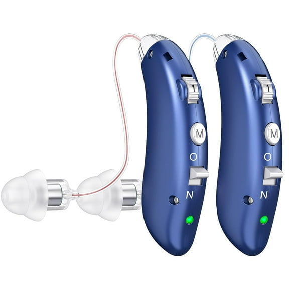 Digital Hearing Aids for Seniors with Noise Reduction, Rechargeable BTE Hearing Aid for Adults with Hearing Loss with volume control. (Blue)
