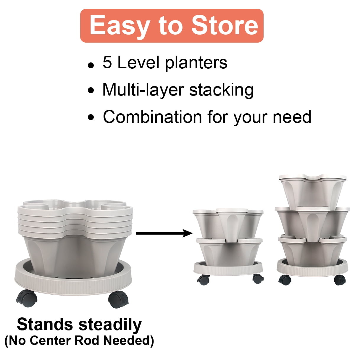 Gamexcel Vertical Garden Planter 5 Tier Gray Plastic Stackable Tower Planter with Saucer for Strawberry,Herb