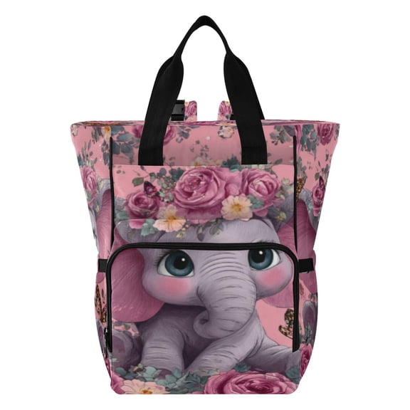 Iauyy Diaper Bag Backpack, 15L Large Capacity Diaper Bag Tote, Nylon Fabric for Outdoor Travel Shopping, Pink-floral Elephant