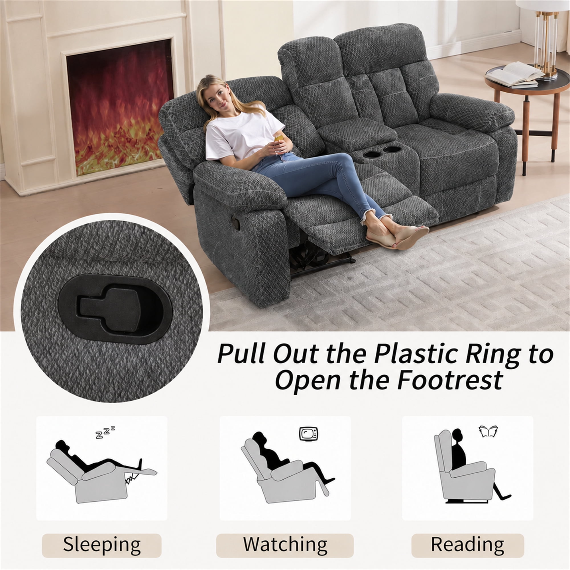 Aukfa 3-Piece Recliner Sofa Set - 77" Loveseat Recliner w/ Cupholder Console for Living Room, Microfiber, Gray