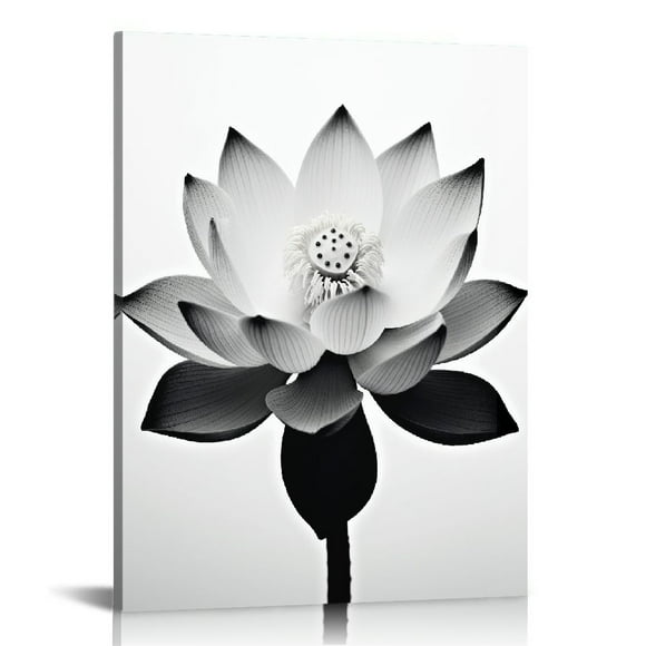 Acheng Flowers Artwork Black and White Elegant Floral Canvas Art Print Blooming Lotus Picture Framed Water Lily Wall Art Painting Home Decor for Bedroom 12x16 in