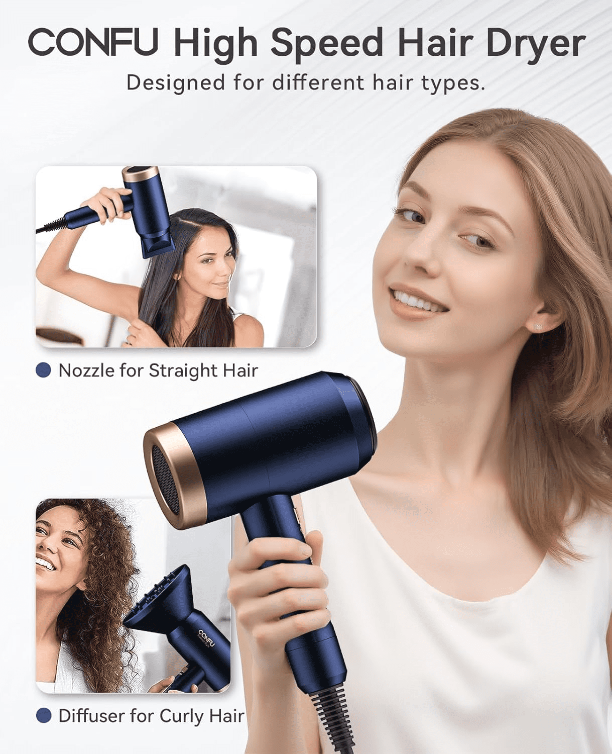 CONFU Ionic Blow Dryer 1600W, Ion Hairdryer Blowdryer, 3 Heat Settings & Infinity Speed, with Diffuser and Concentrator Nozzle for Home & Travel,Blue