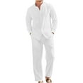 thumbnail image 2 of Puntoco Men 2 Piece Linen Set Outfits Drawstring Long Pants Button Down Roll Up Sleeve Shirts Beach Wedding Suit Sets White XL(XL), 2 of 8