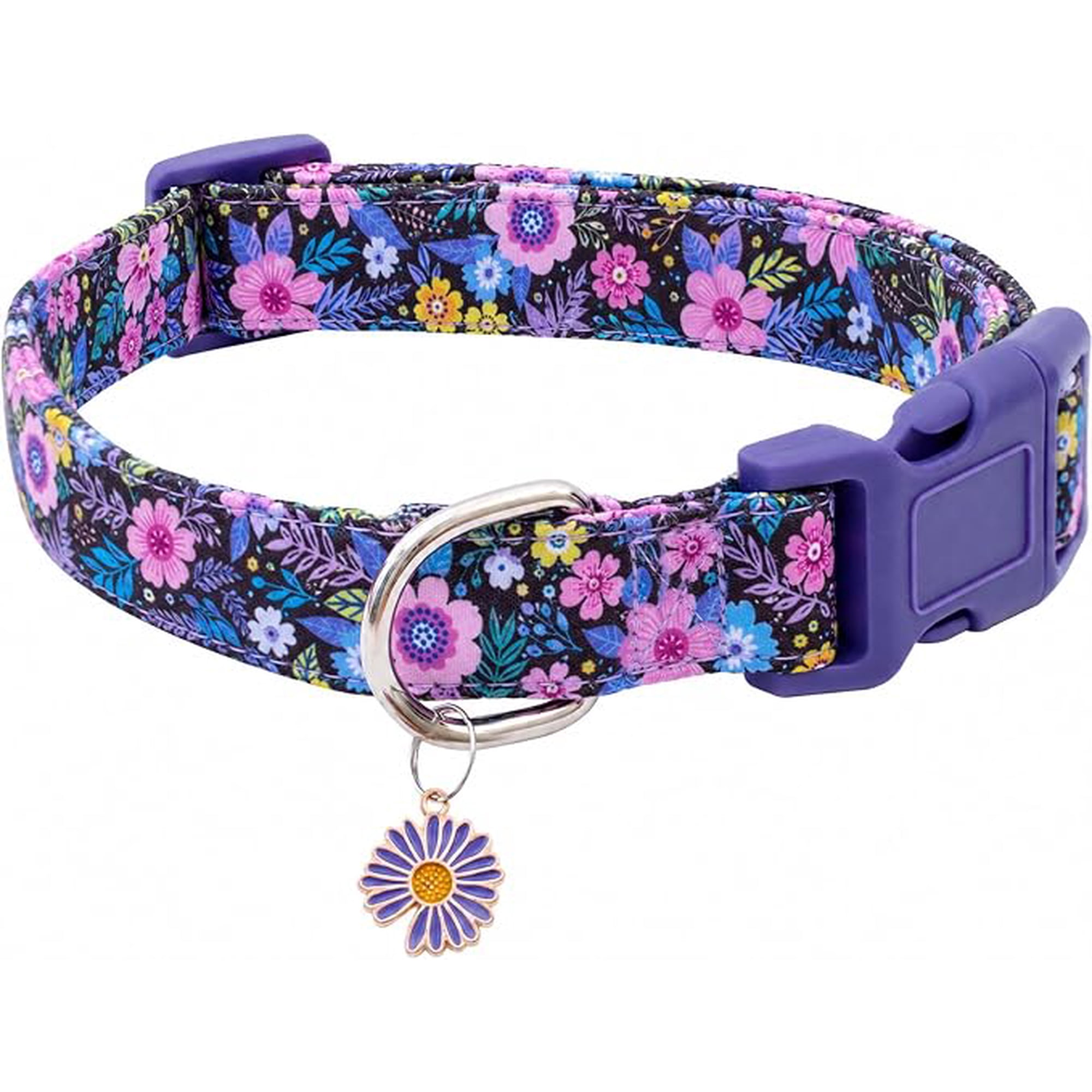 Cotton Dog Collar for Small Medium and Large Dogs Adjustable Purple Floral Pet Collar with Quick Release Buckle Soft Lightweight Flower Pattern Collar for Female Dogs Size M