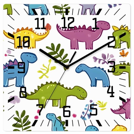 Cute Cartoon Dinosaur Wooden Wall Clock Silent Non Ticking, Green Blue Purple Animals Square Wall Clocks Battery Operated, Decor Clock for Home Office, Living Room, Kitchen, 10 Inch
