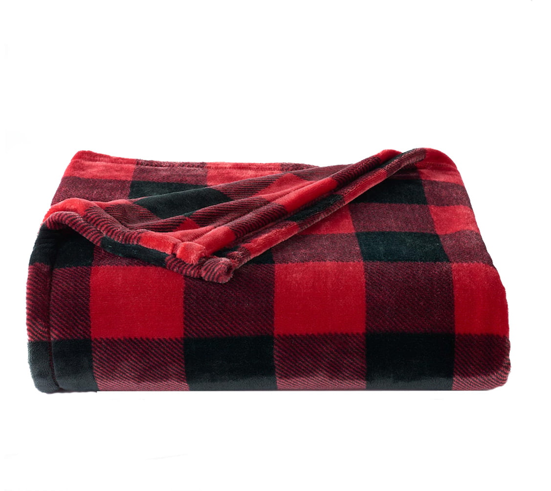 Farmhouse Cabin Checkerboard Plaid Throw Blanket Tan Red Green 52" x 50" 