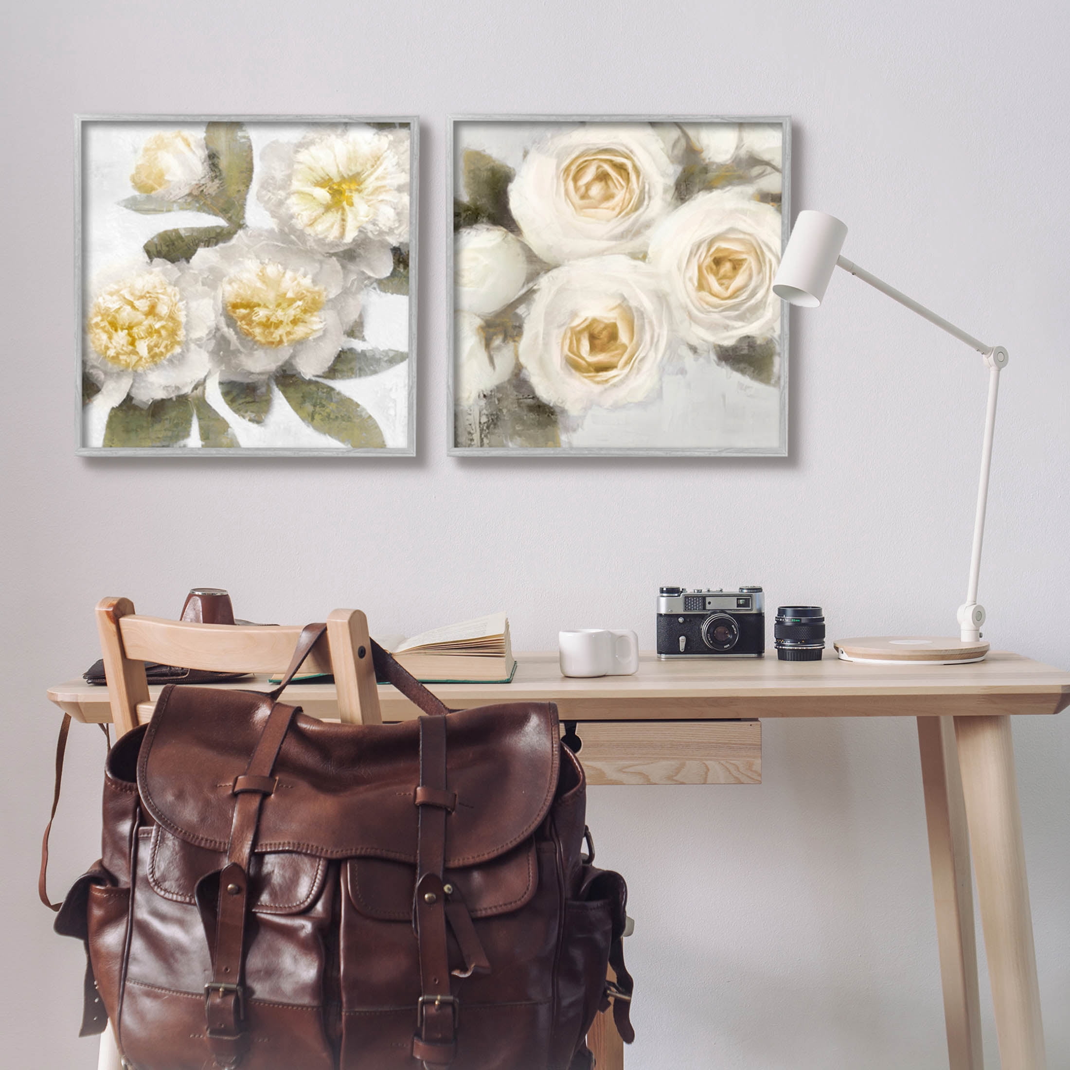 White Rose Flowers Traditional Botanical & Floral Graphic Art Gray Framed Art Print Wall Art, Set of 2