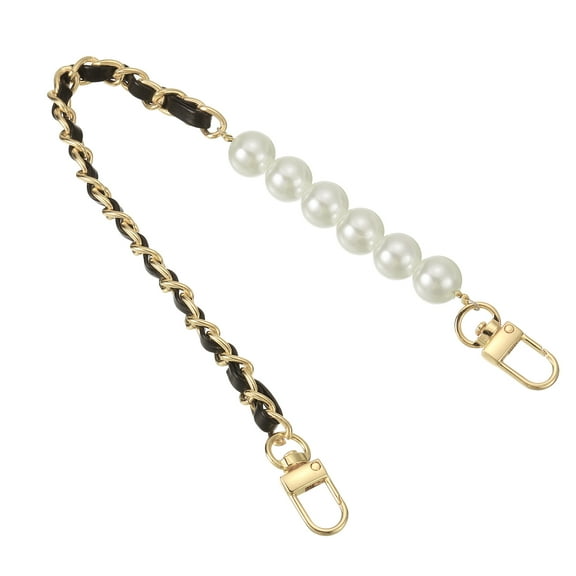 Uxcell Leather Wristlet Strap, 350mm/14" Imitation Pearl Short Wrist Purse Chain for Mobile Case Clutch DIY (Black, Gold)
