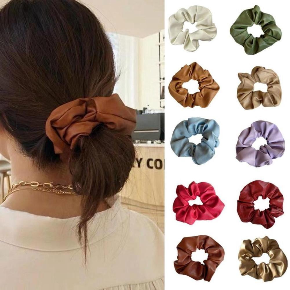 Soft Leather Hair Scrunchies Elastic Ponytail Holders for Thick Hair Glossy Hair Ties Elastic Hair Bands Rope for Women Girls Korean Hairstyle Hair Accessories L9R7