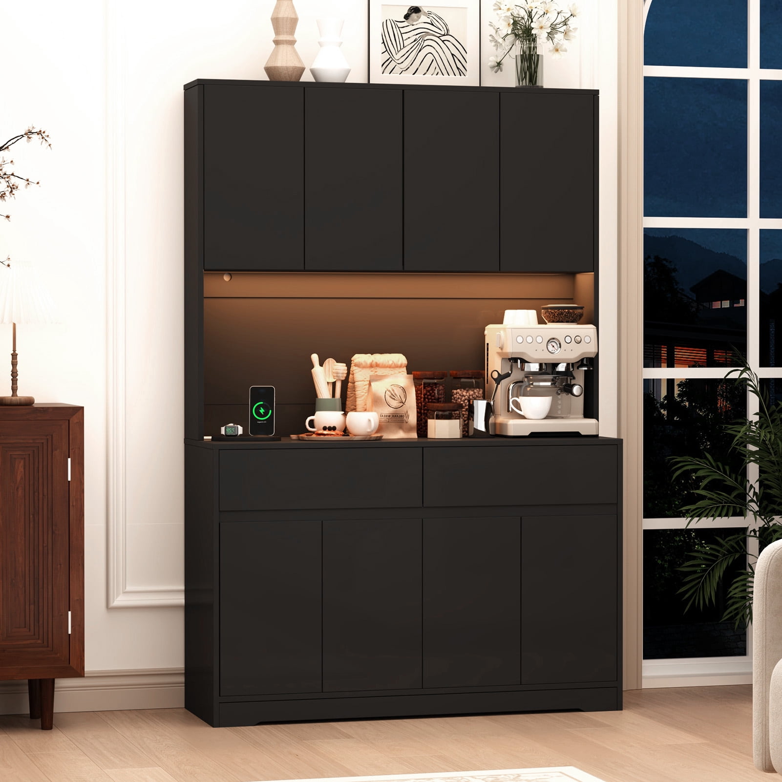 71" Tall Kitchen Pantry with LED Light & Charging Station, 8 Door Kitchen Cupboard with Large Storage and Microwave Stand, Freestanding Hutch Cabinet for Dining Living Room