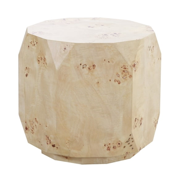 Benjara Cid Hy 22" Side End Table- Burl Wood Veneer Drum- Natural Brown