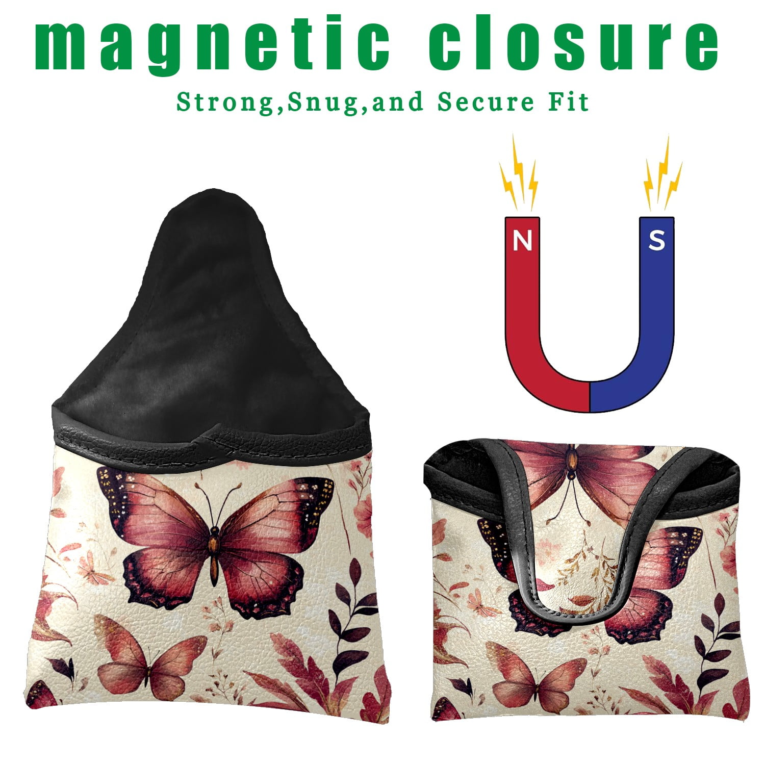Golf Mallet Putter Cover Premium Leather Waterproof Golf Putter Head Cover with Magnetic Closure Rose-red Butterfly