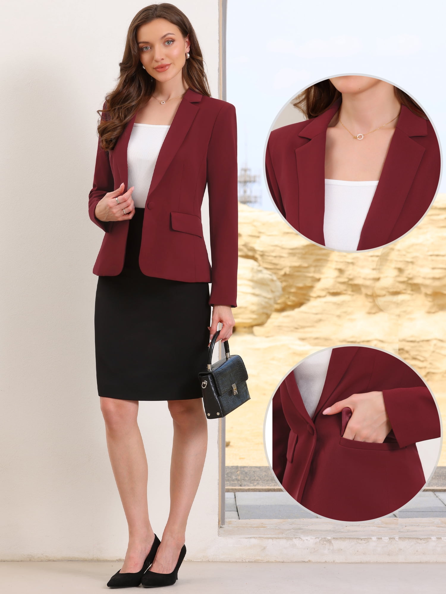 DARING DIVA Women's Casual Long Sleeve One Button Pockets Suit Jacket M Wine Red