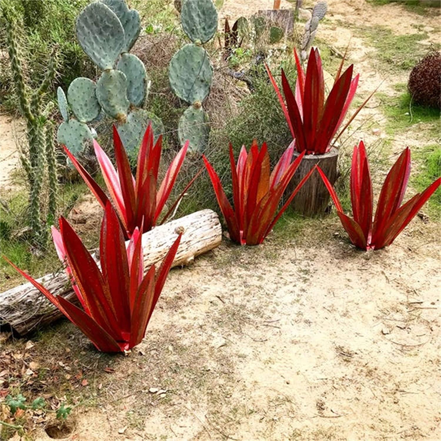 Rungungde 25“ Tequila Rustic Art Sculpture, DIY Metal Agave Plant Outdoor Garden Statue Decorations, Metal Tequila Hand Painted Statue Ornaments with 9 Leaves for Garden Yard Patio Decor