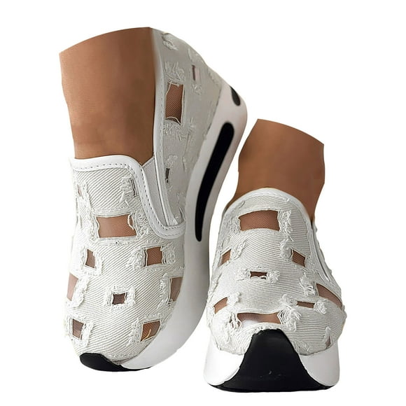 Mepaouo Women's Platform Wedge Slip on Loafers Comfortable Hollow out Canvas Shoes Walking Work Sneakers