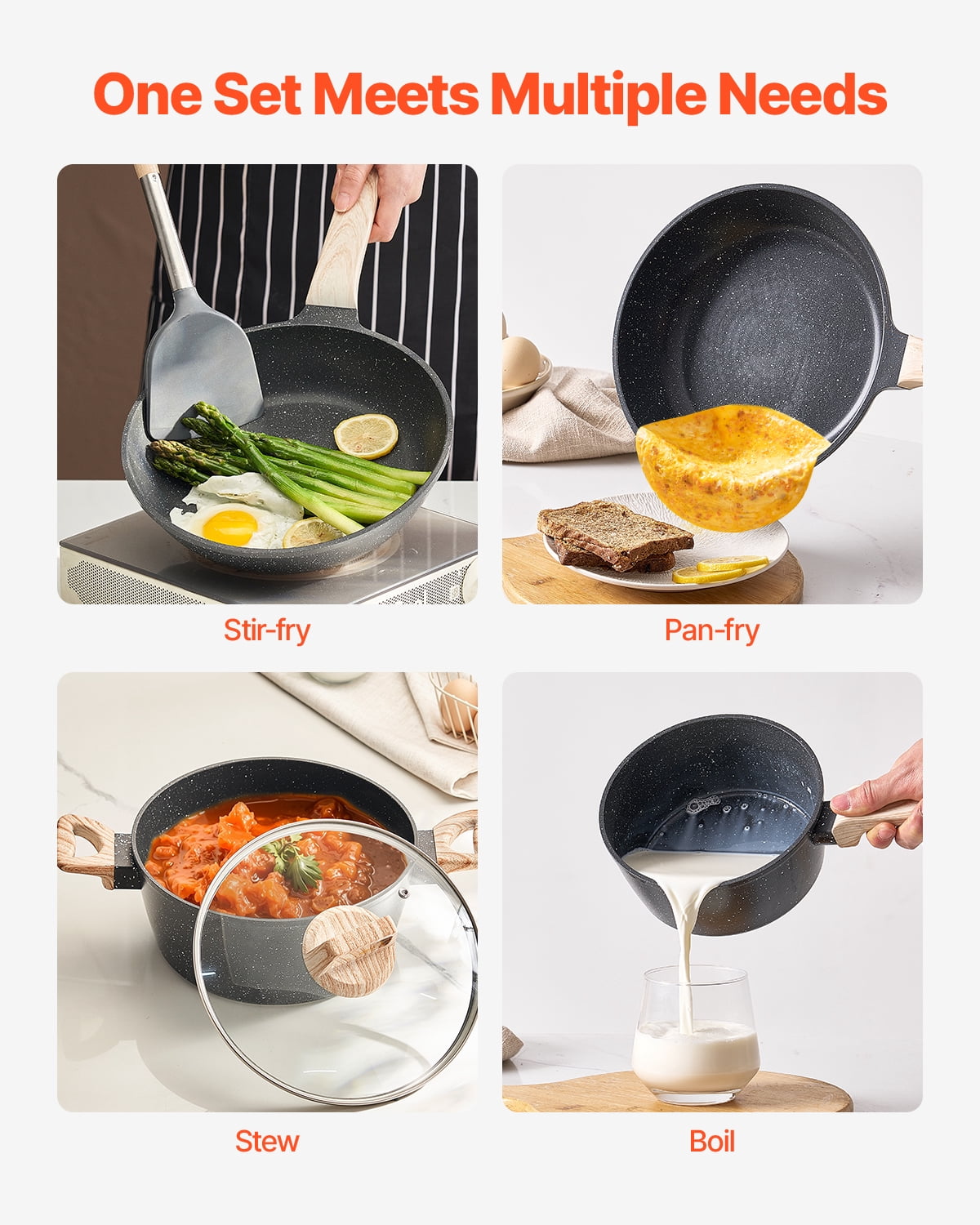VEVOR 17 Piece Pots and Pans Set Nonstick, Granite Cookware Set, Induction Cookwares, Kitchen RV Cooking Sets with Frying, Sauce, Saute, Tempered Glass Lids, and Pan Protectors, Black
