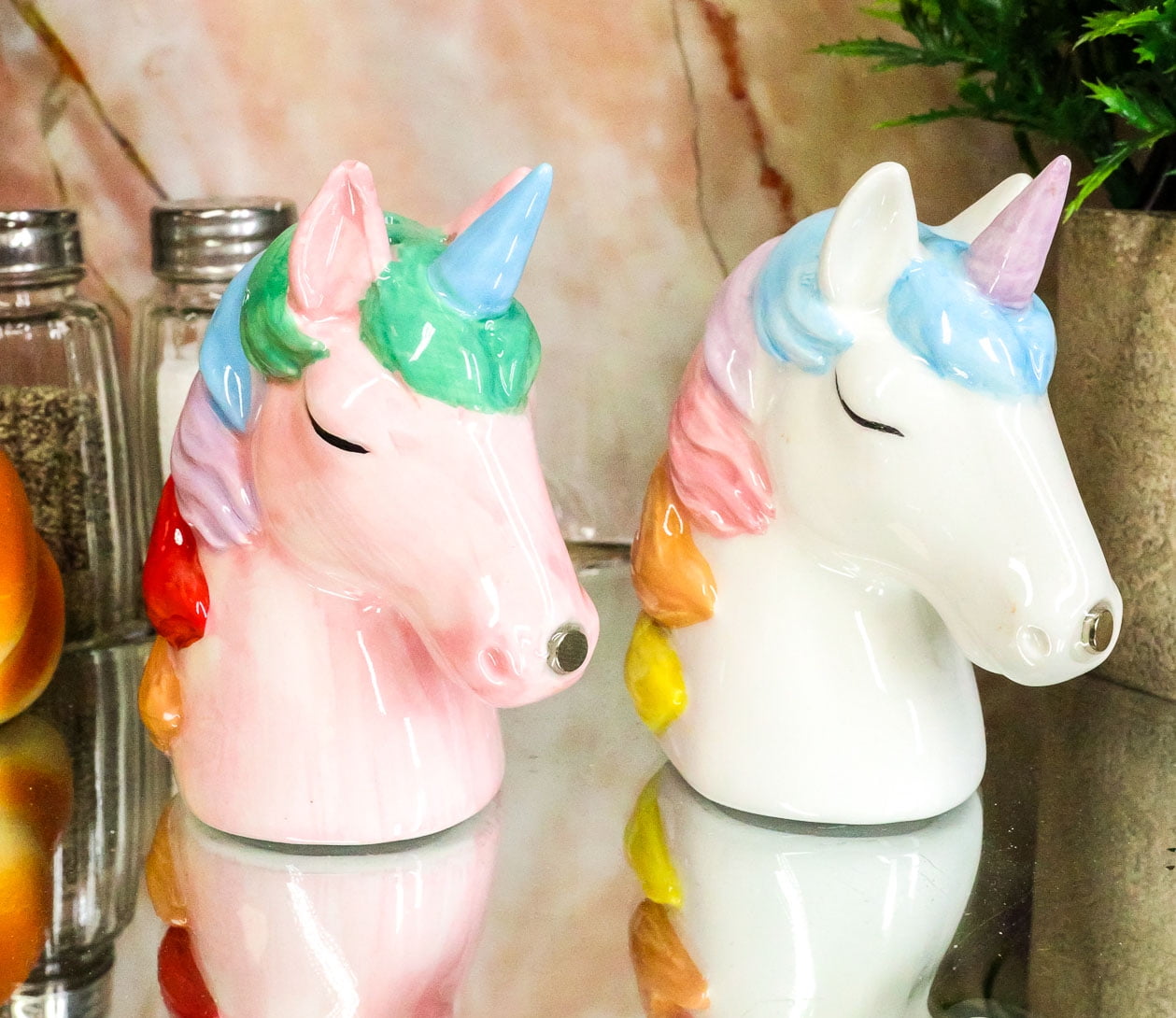 Pink and White Rainbow Mane Kissing Sacred Unicorns Salt And Pepper Sh–  Ebros Gift