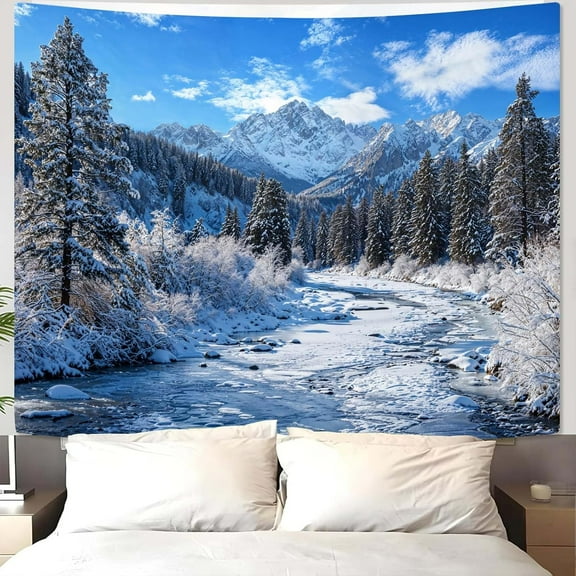 Winter Forest Snow Mountain Tapestry Snowy Pine Tree Woodland Tapestry White Clouds Flowing River Landscape Tapestries Wall Hanging for Bedroom Living Room Dorm Office 60 x 40 Inch
