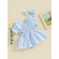 thumbnail image 4 of Musuos Baby Girls Summer 2 Piece Set, 3 6 12 18 24Months Square Neck Short Sleeve Frill Trim Plaid Romper Dress + 3D Bow Headband Set, 4 of 10