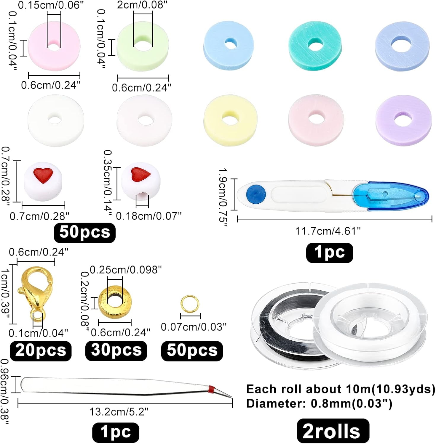 4350 Pcs Polymer Clay Bracelets Kit 15 Colors 6mm Clay Beads 30 Pcs Metal Spacer 50 Pcs Heart Beads 2 Rolls Elastic Thread 20 Pcs Clasps 50 Pcs Jump Rings 2 Pcs Tools for Jewelry Making Multi-color