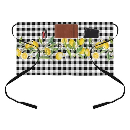 Summer Lemon Kitchen Restaurant Half Waist Apron Leaf Yellow Fruit Botanical Black White Plaid Server Short Apron with 3 Pockets Waterproof Oil Waist Aprons for Women Waitress Waiter