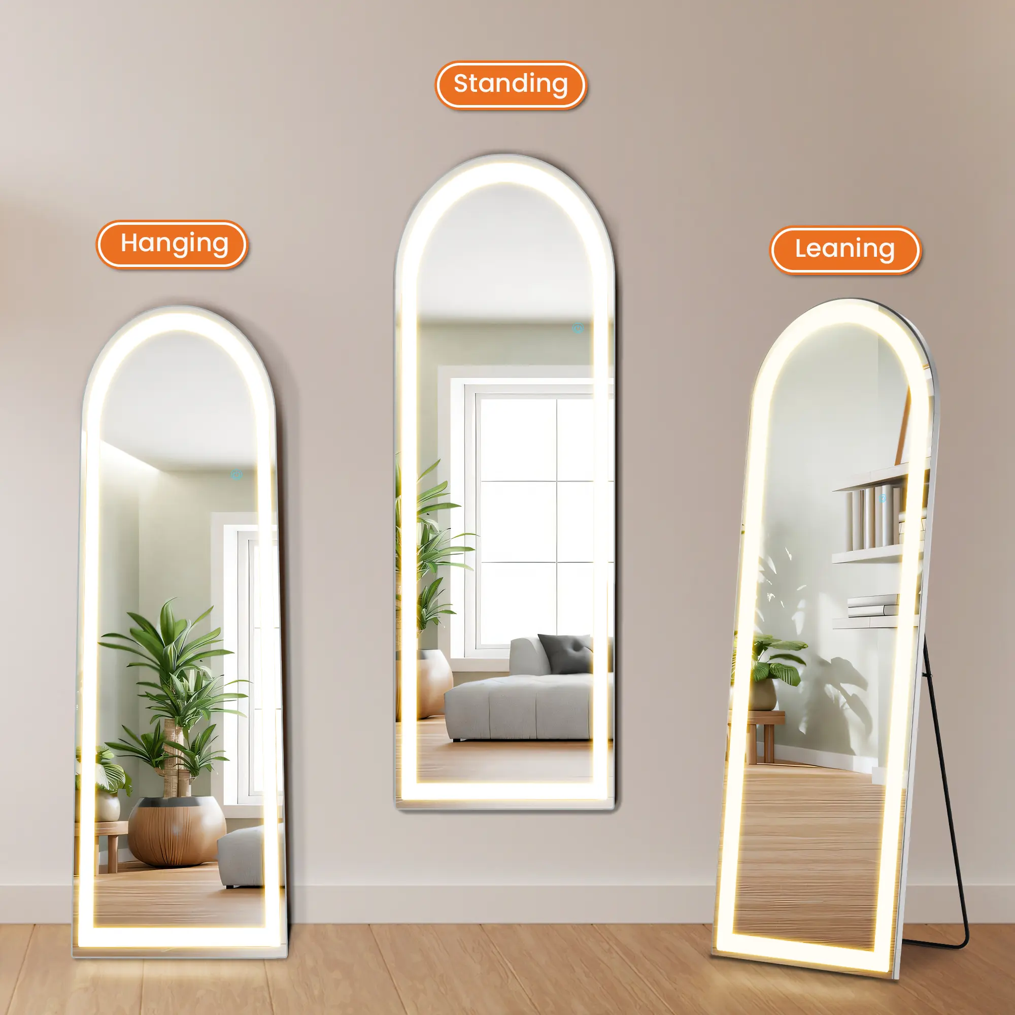 Aukfa 63" x 20" LED Full Length Mirror, Wall Mounted Floor Standing with Touch Control & 3-Color Dimmable Lights