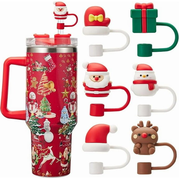 6PCS Christmas Straw Cover Cap for Stanley Cup, Silicone Straw Topper for Stanley 30&40 Oz Tumbler with Handle, 10mm Drinking Straw Tip Covers for Christmas Gifts