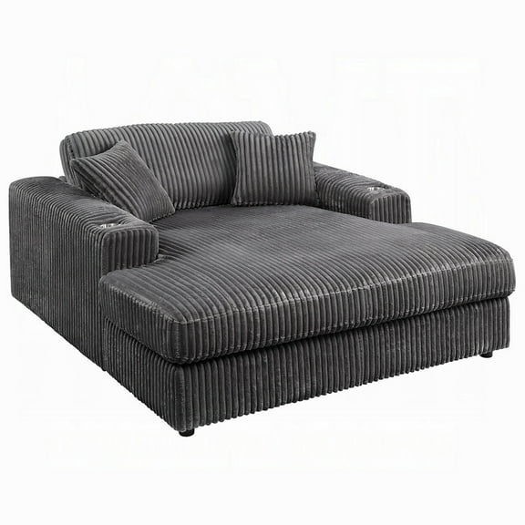 Liny Oversized Chaise, 2 Cupholders, 2 Pillows, Gray Velvet Corduroy
