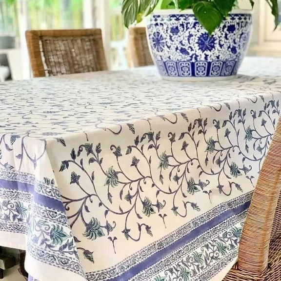 New Era Creation Blue & White Floral Indian Hand Block Printed Table Cover And Linen Set,Wedding Decor, Tablecloth Thanksgiving best Gift for Mom