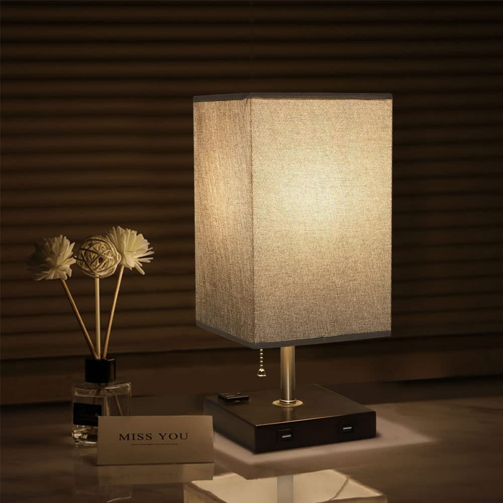 DingLiLighting Traditional Table Lamps Set of 2 Beige Linen Drum Shade Minimalist Nightstand Table Lamp for Living Room Family Bedroom Bedside, 2 USB Charging Ports 1 AC Outlets