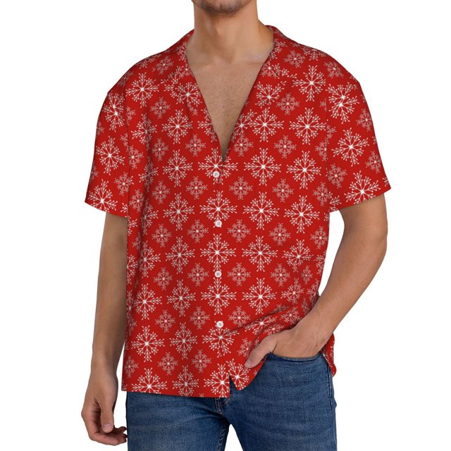 Balery Red White Snowflakes Camisa Casual de Manga Corta con Botones para Hombre, Texturizada, Estilo Cubano, para Playa, Verano-Medium