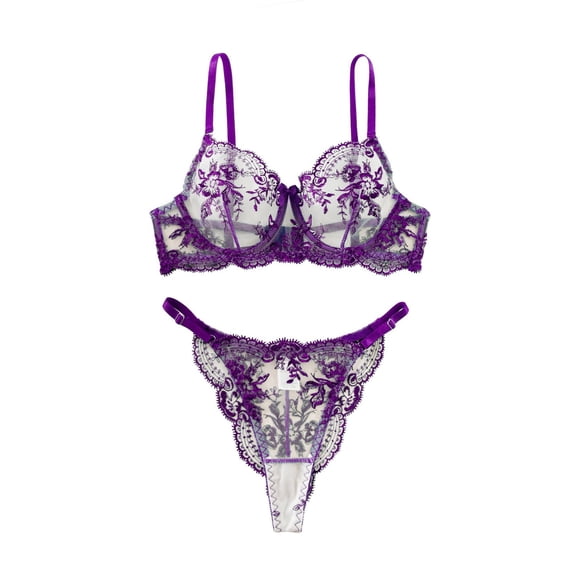 WZXFASHION Sexy Floral Mesh Underwire Garter Belt Lingerie 2 Piece Intimates Purple XL