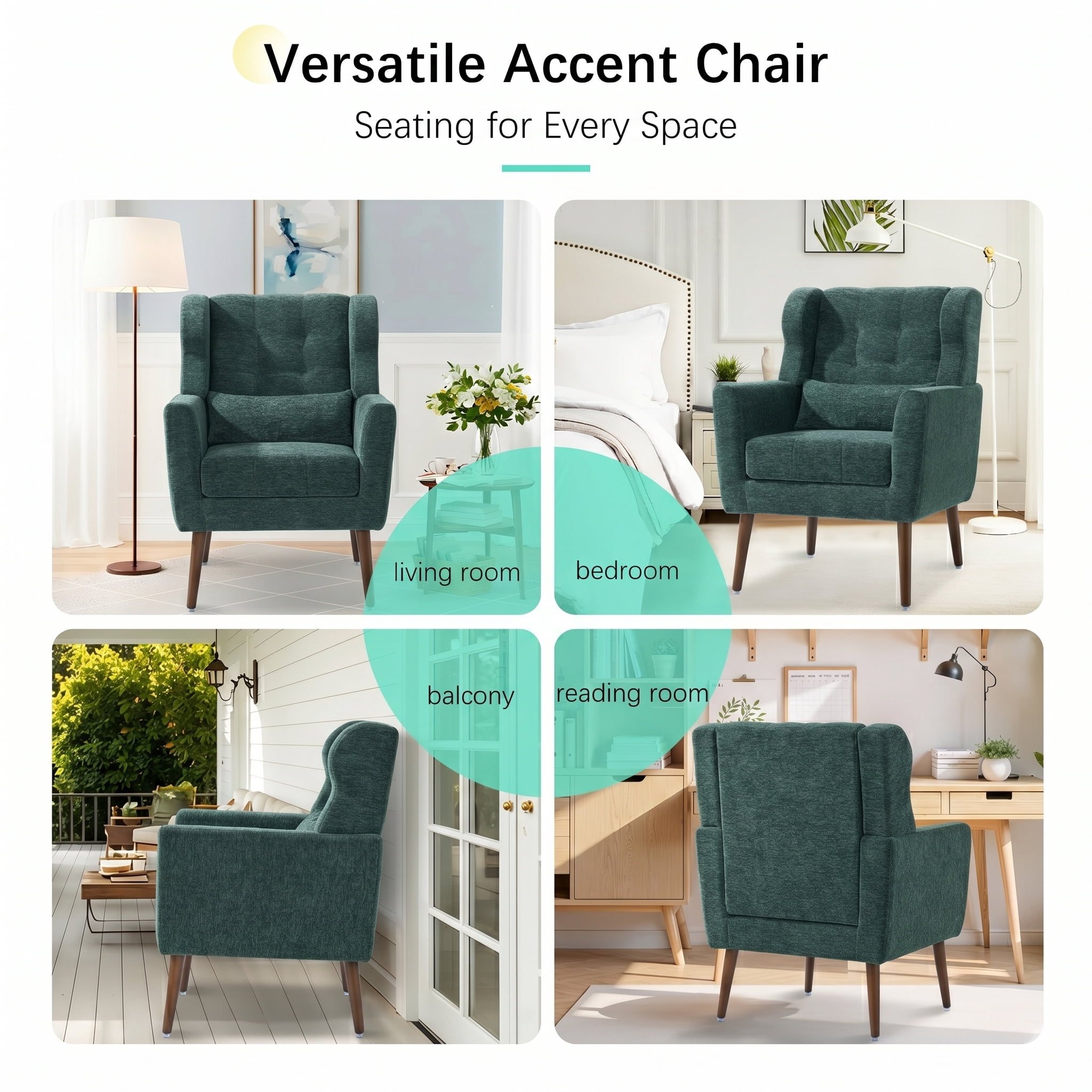 AISWORD Modern Accent Chair, Upholstered Armchair with Pillow, Fabric Single Sofa Chair with Lounge Seat and Wood Legs Accent Chair for Living Room Bedroom Small Spaces, Blackish Green