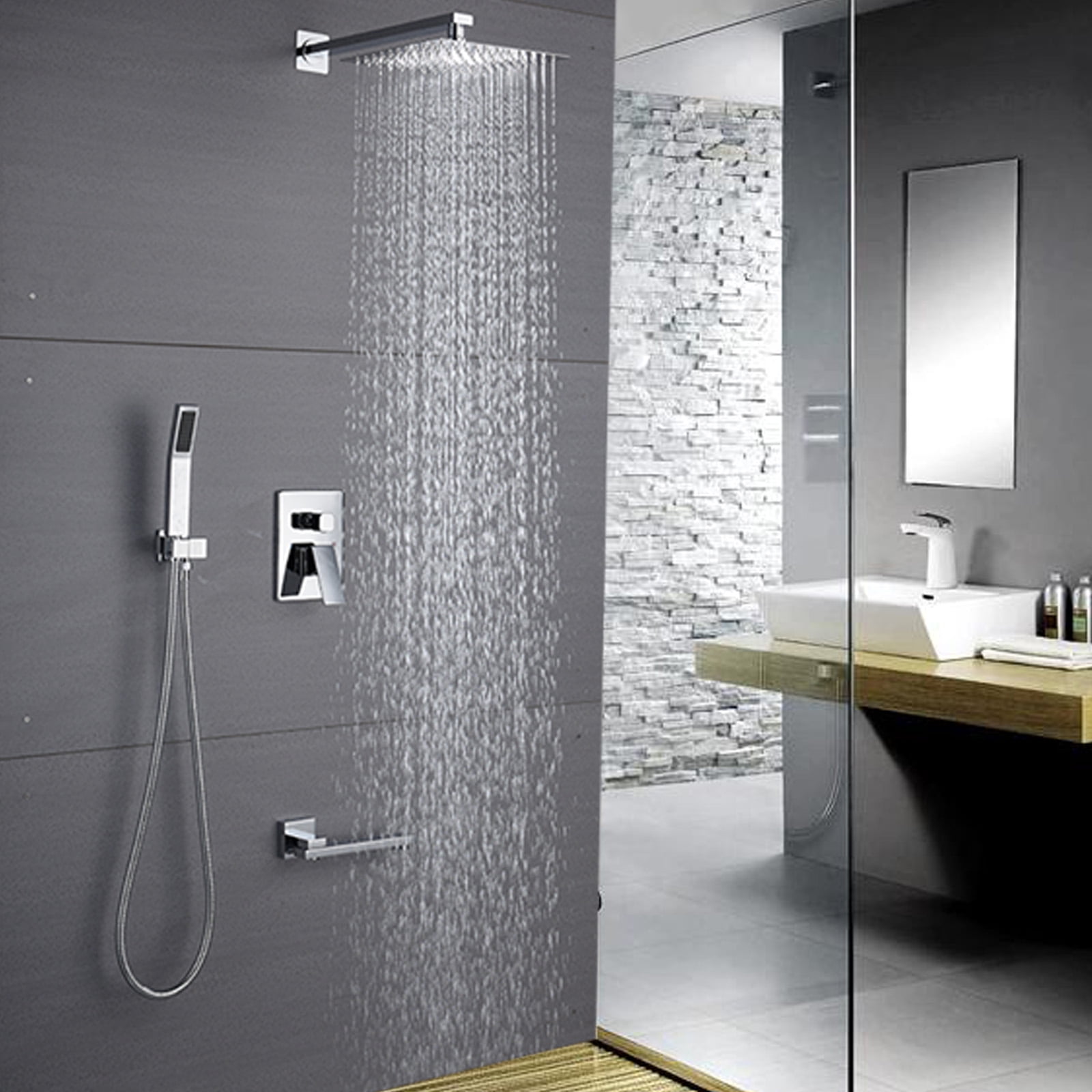 12 "Shower Faucet Set Black Square Rain Shower Heads Waterfall Tub Mixer Tap