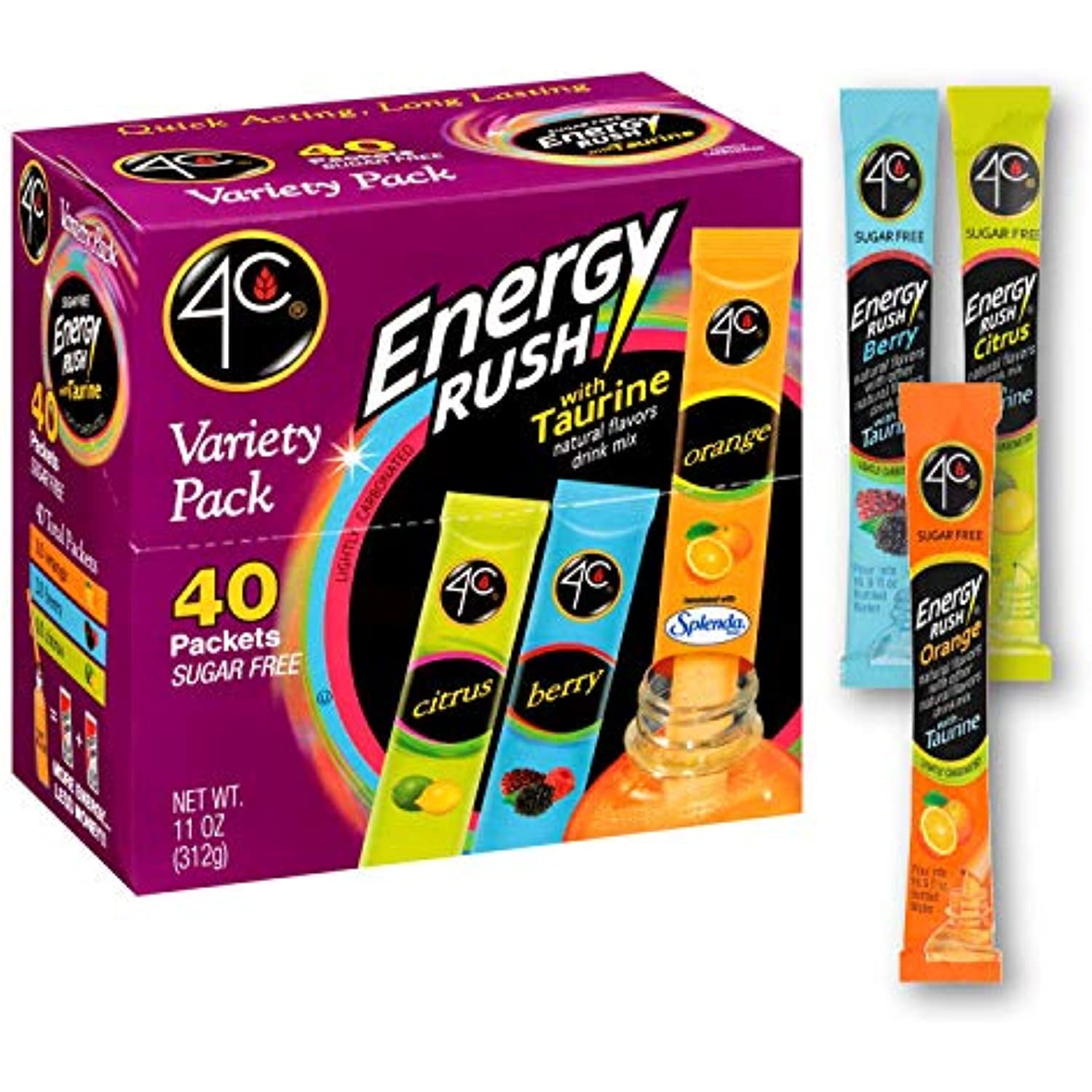 4C Energy Rush Stix, Single Serve Water Flavoring Packets, Sugar Free With Taurine, On The Go Bundle 40 Count (Variety Pack, 1 Pack)