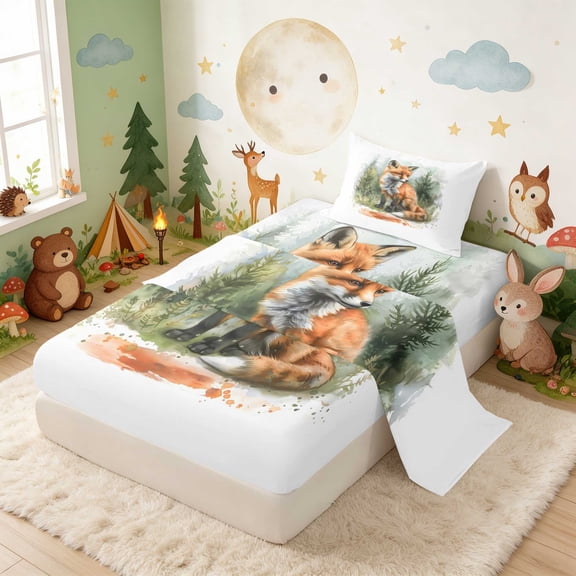 Erosebridal Fox Twin Sheets for Boys Girls, Pine Forest Bedding, 3-Piece 1 Flat Sheet 1 Fitted Sheet and 1 Pillowcase