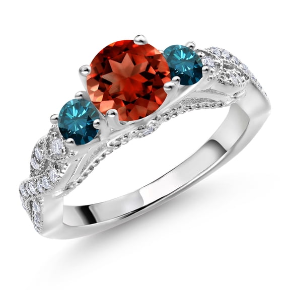 Gem Stone King 925 Sterling Silver Red Garnet Blue Diamond and White Moissanite Engagement Ring for Women (1.47 Cttw, Gemstone January Birthstone, Round 6MM and 3MM, Size 5)