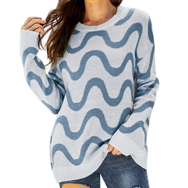 Gibobby Suéteres para mujer, Suéteres de otoño para mujer 2023 de manga larga a rayas de gran tamaño, suéter de punto casual de moda con cuello redondo(Azul,CH)
