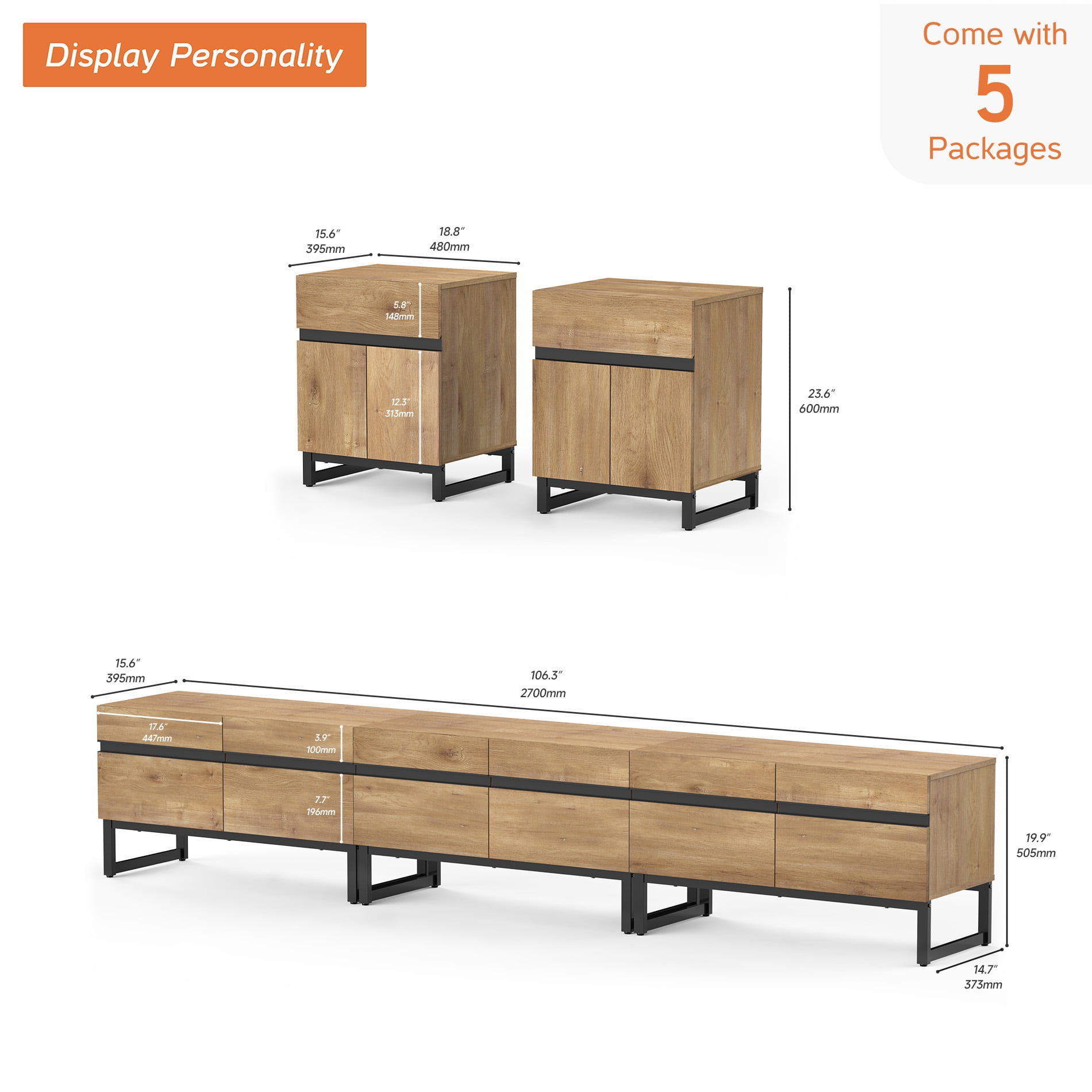 Modern 3-Piece Living Room Set, 106 Inch TV Stand And 2 End Table Sets With Drawers, Media Console with Storage Shelves, Sturdy Wood Frame & Metal Legs, Contemporary Furniture for Living Room,Oak